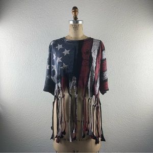 ODM l XL Black Flag Stars Stripes Knotted Fringe Festival Boho Crop Top T-Shirt